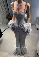 Silver Glitter Regular Straps Pleated Floor-Length Mermaid Prom Dresses with Feather