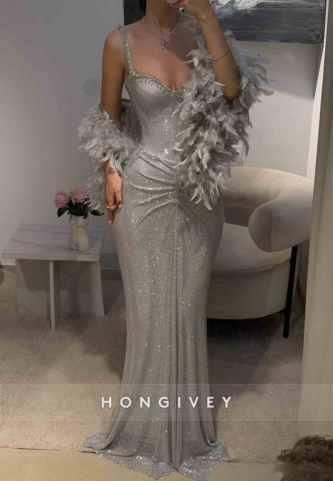 Silver Glitter Regular Straps Pleated Floor-Length Mermaid Prom Dresses with Feather