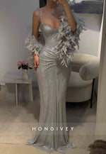 Silver Glitter Regular Straps Pleated Floor-Length Mermaid Prom Dresses with Feather