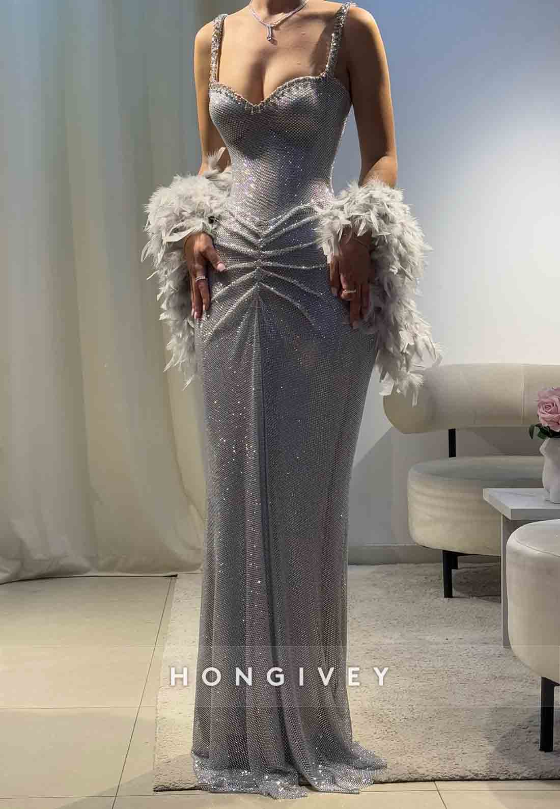 Silver Glitter Regular Straps Pleated Floor-Length Mermaid Prom Dresses with Feather