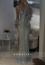 Silver Glitter Regular Straps Pleated Floor-Length Mermaid Prom Dresses with Feather