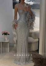 Silver Glitter Regular Straps Pleated Floor-Length Mermaid Prom Dresses with Feather