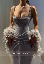 Silver Glitter Regular Straps Pleated Floor-Length Mermaid Prom Dresses with Feather