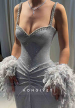 Silver Glitter Regular Straps Pleated Floor-Length Mermaid Prom Dresses with Feather