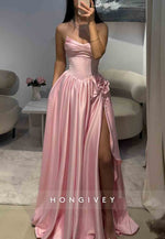 Pink Strapless Satin Floor-Length A-Line Pleated High Slit Prom Dresses