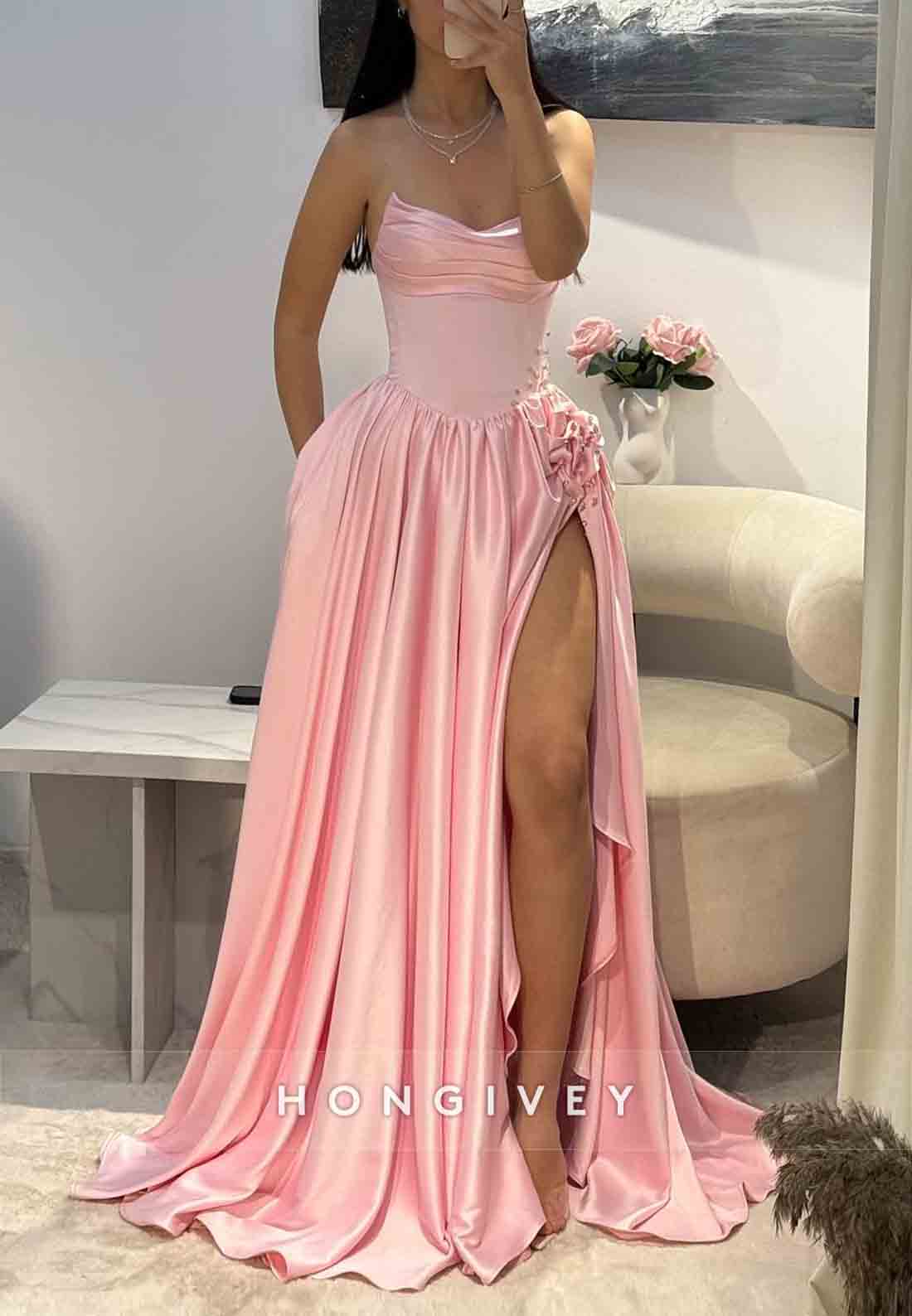 Pink Strapless Satin Floor-Length A-Line Pleated High Slit Prom Dresses