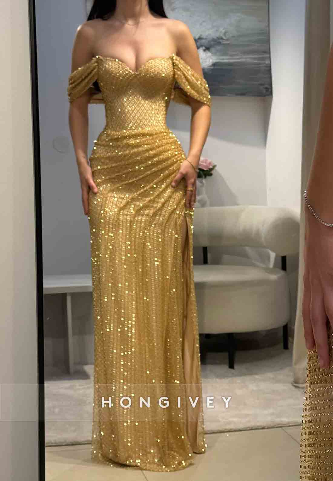 Golden Off the Shoulder Pleated Floor-Length Side Slit Column Prom Dress