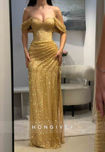 Golden Off the Shoulder Pleated Floor-Length Side Slit Column Prom Dress
