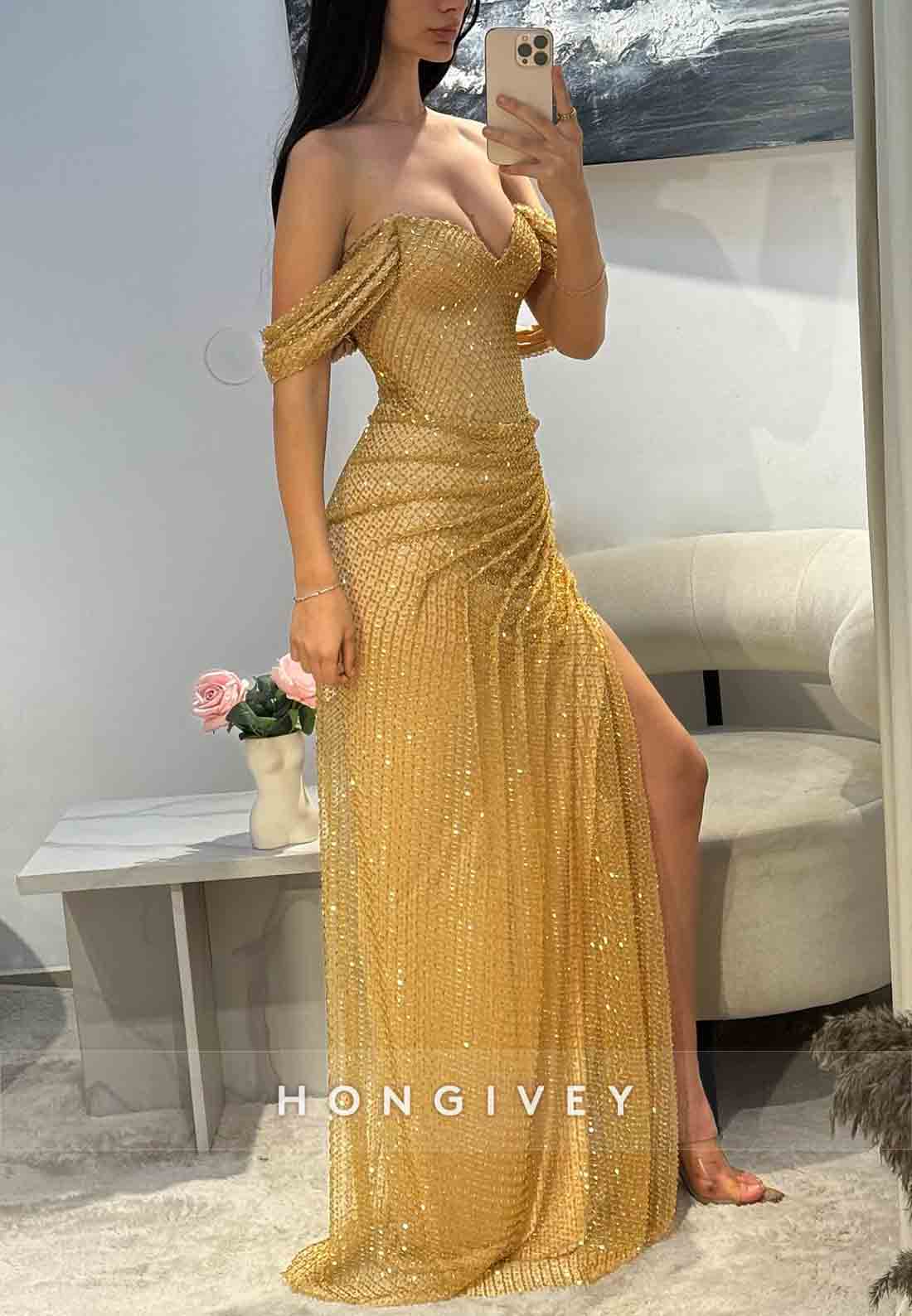 Golden Off the Shoulder Pleated Floor-Length Side Slit Column Prom Dress