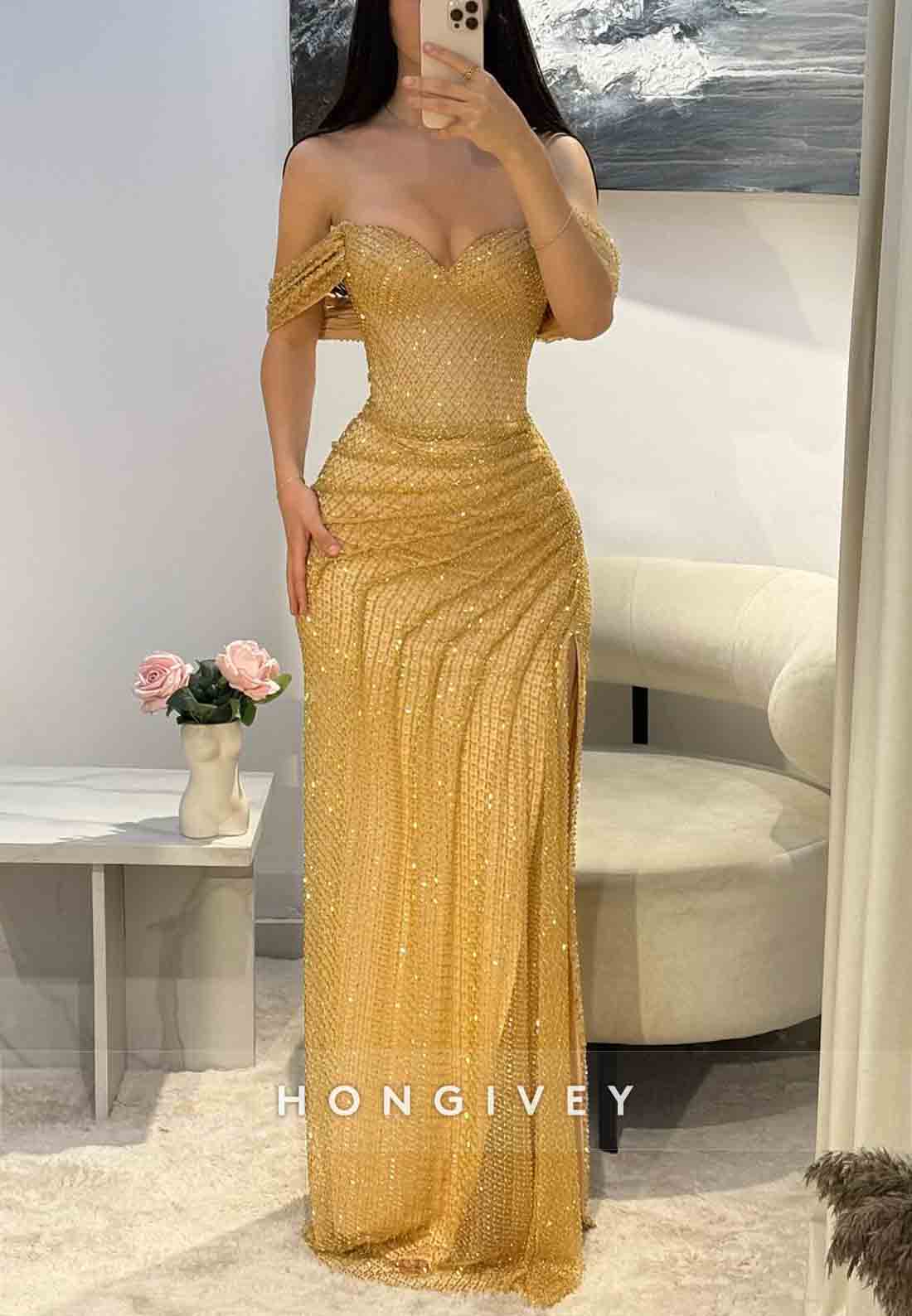 Golden Off the Shoulder Pleated Floor-Length Side Slit Column Prom Dress
