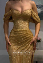 Golden Off the Shoulder Pleated Floor-Length Side Slit Column Prom Dress