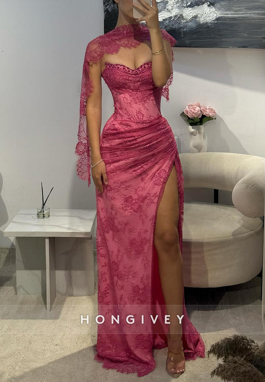 Shawl Fuchsia Lace Floor-Length Column Evening Gowns with High Slit