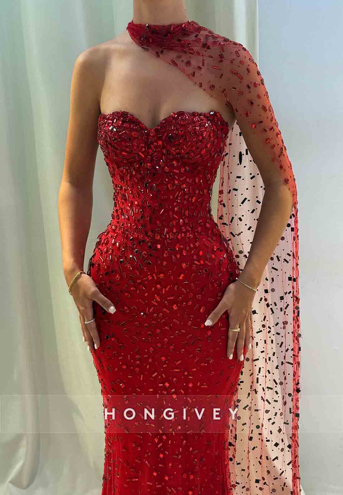 Sweetheart Beading Floor-Length Side Draping Rhinestone Mermaid Evening Gowns