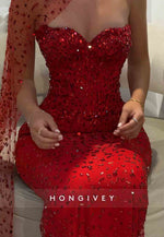 Sweetheart Beading Floor-Length Side Draping Rhinestone Mermaid Evening Gowns