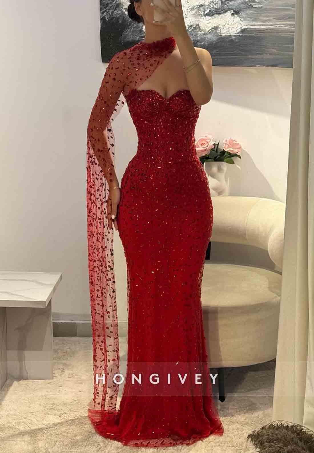 Sweetheart Beading Floor-Length Side Draping Rhinestone Mermaid Evening Gowns