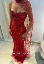 Sweetheart Beading Floor-Length Side Draping Rhinestone Mermaid Evening Gowns