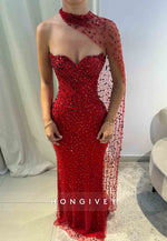 Sweetheart Beading Floor-Length Side Draping Rhinestone Mermaid Evening Gowns