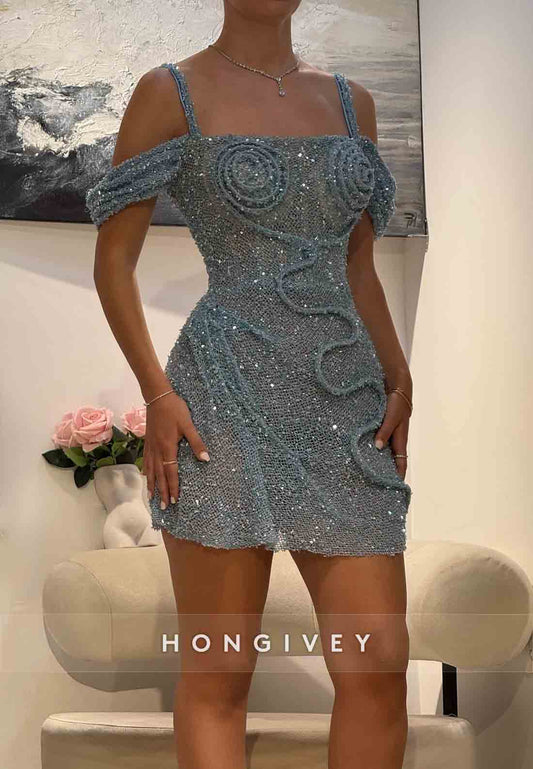 Off-Shoulder Square Neck Sheath Glitter Regular Straps Pleated Mini Homecoming Dresses