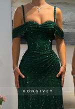 Glitter Off-Shoulde Column Pleated Floor-Length Evening Gowns with High Slit