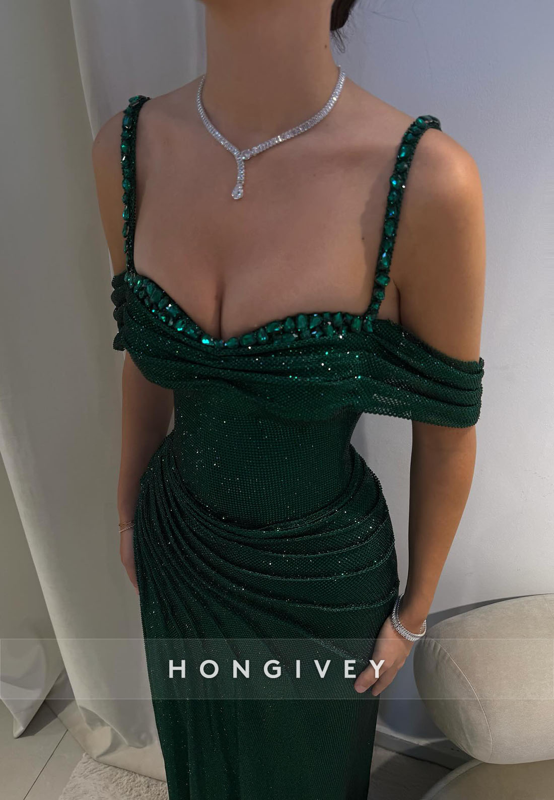 Glitter Off-Shoulde Column Pleated Floor-Length Evening Gowns with High Slit