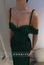 Glitter Off-Shoulde Column Pleated Floor-Length Evening Gowns with High Slit