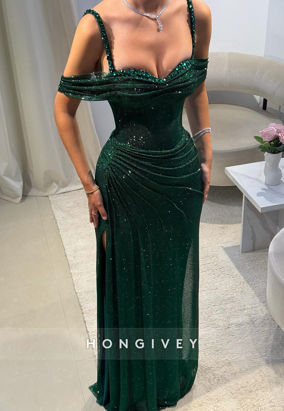 Glitter Off-Shoulde Column Pleated Floor-Length Evening Gowns with High Slit