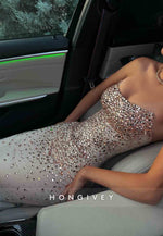 Sparkly Golden Column Strapless Floor-Length Evening Gowns with Beading