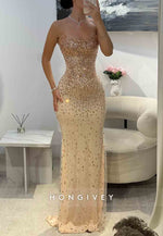 Sparkly Golden Column Strapless Floor-Length Evening Gowns with Beading