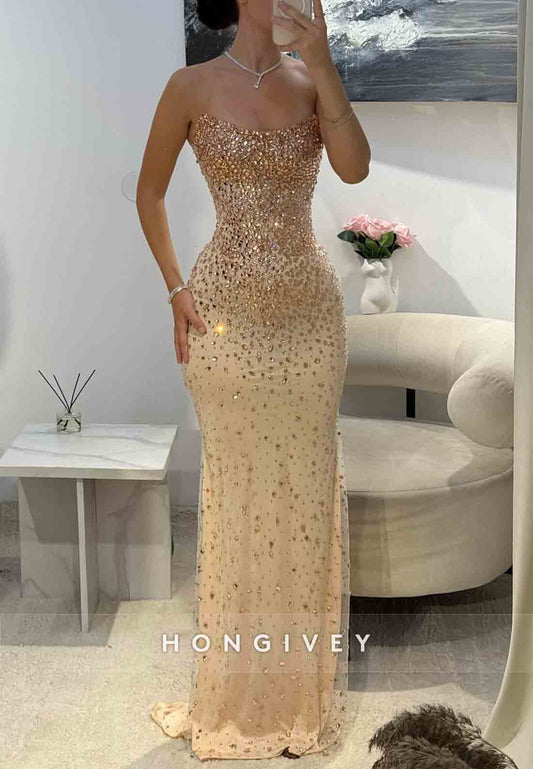 Sparkly Golden Column Strapless Floor-Length Evening Gowns with Beading