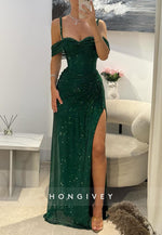 Glitter Off-Shoulde Column Pleated Floor-Length Evening Gowns with High Slit