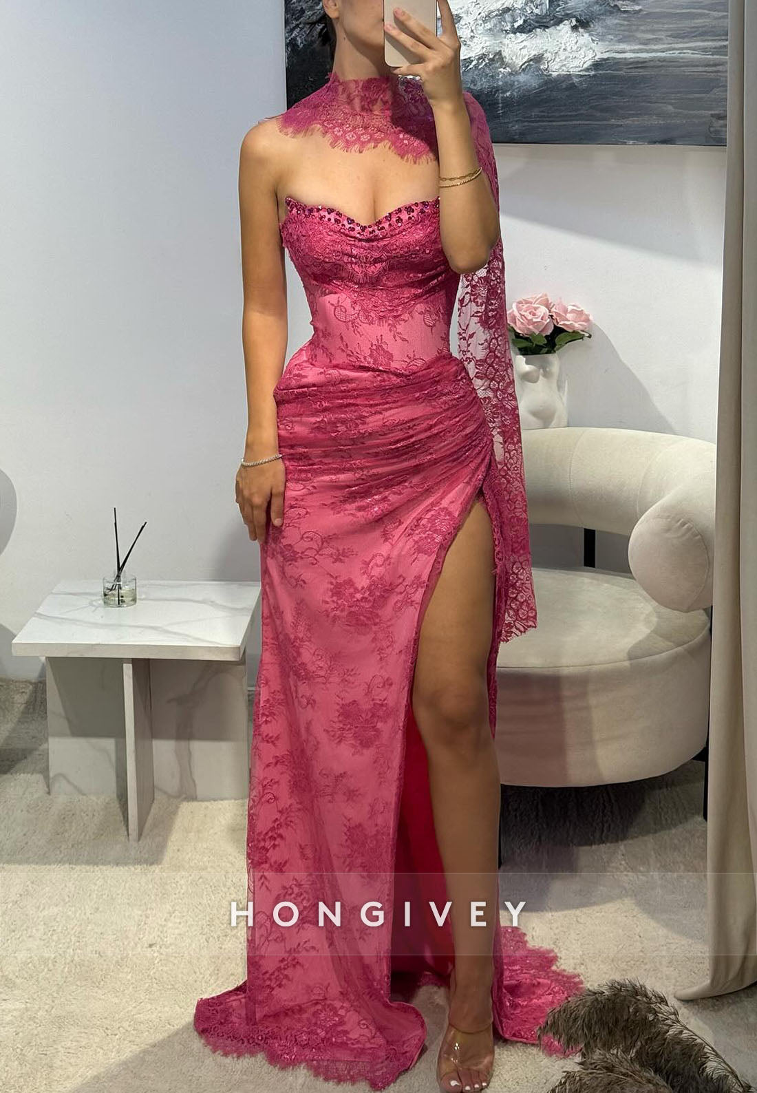 Shawl Fuchsia Lace Floor-Length Column Evening Gowns with High Slit