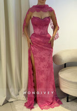 Shawl Fuchsia Lace Floor-Length Column Evening Gowns with High Slit