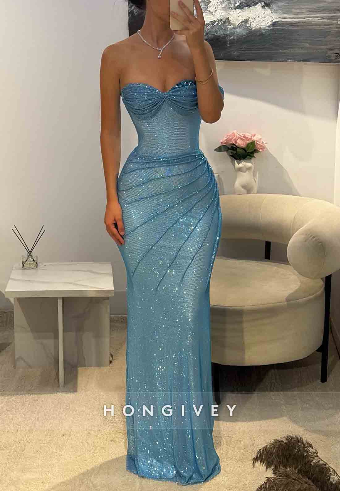 Glitter Strapless Sheath Sweetheart Pleated Floor-Length Evening Gowns
