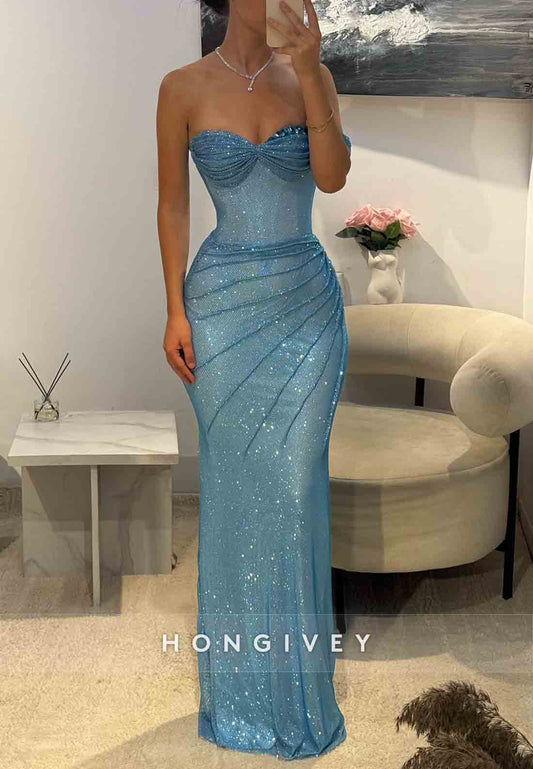 Glitter Strapless Sheath Sweetheart Pleated Floor-Length Evening Gowns