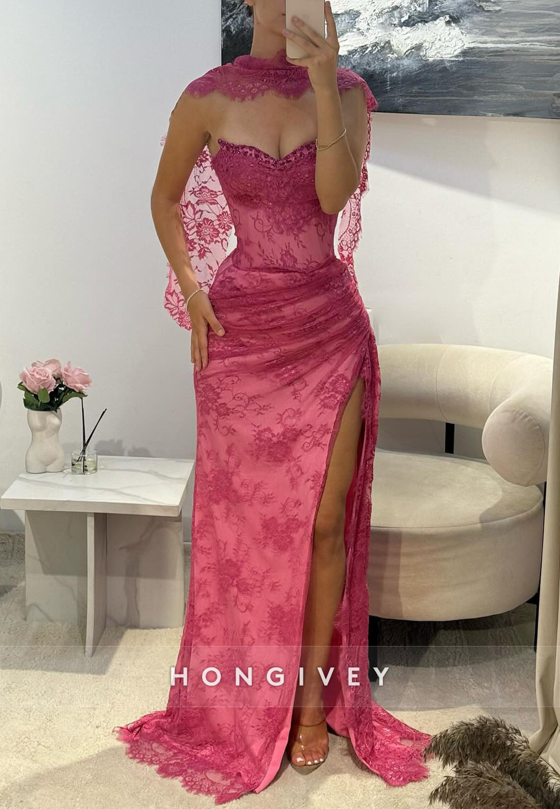 Shawl Fuchsia Lace Floor-Length Column Evening Gowns with High Slit