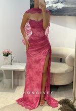 Shawl Fuchsia Lace Floor-Length Column Evening Gowns with High Slit