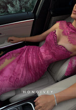 Shawl Fuchsia Lace Floor-Length Column Evening Gowns with High Slit