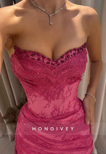 Shawl Fuchsia Lace Floor-Length Column Evening Gowns with High Slit