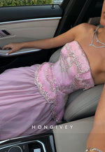 Pink Strapless A-Line Sequined Corset Floor-Length Evening Gowns