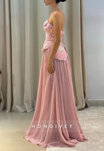 Pink Strapless A-Line Sequined Corset Floor-Length Evening Gowns