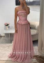 Pink Strapless A-Line Sequined Corset Floor-Length Evening Gowns