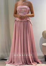 Pink Strapless A-Line Sequined Corset Floor-Length Evening Gowns