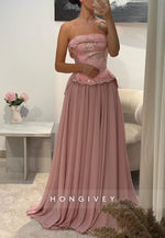 Pink Strapless A-Line Sequined Corset Floor-Length Evening Gowns