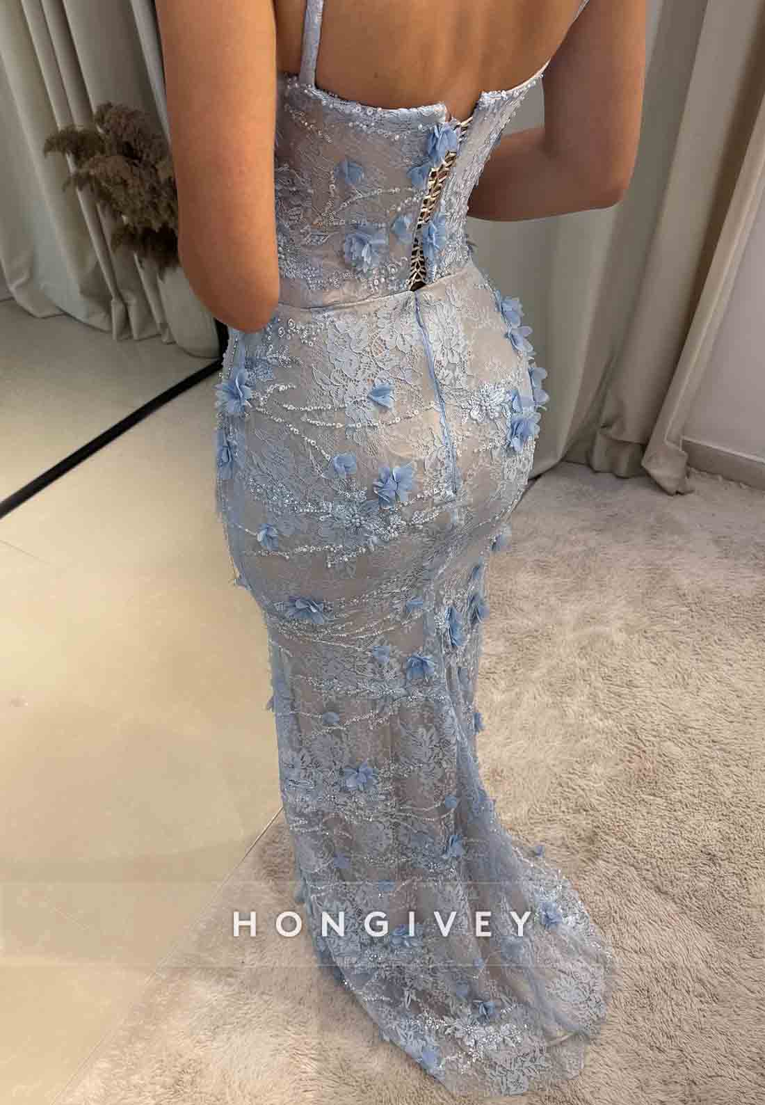 Gorgeous Blue Sweetheart Appliqued Spaghetti Straps Floor-Length Prom Dresses