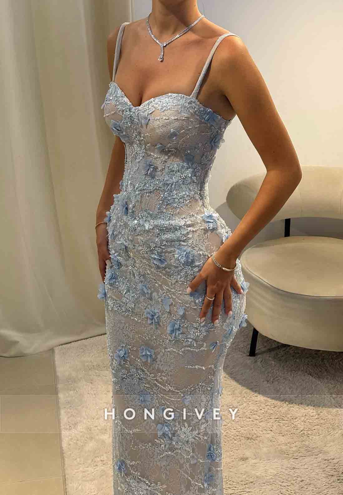 Gorgeous Blue Sweetheart Appliqued Spaghetti Straps Floor-Length Prom Dresses