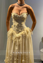 Yellow A-Line Floor-Length Strapless Sweetheart Evening Gowns with Appliques
