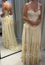 Yellow A-Line Floor-Length Strapless Sweetheart Evening Gowns with Appliques