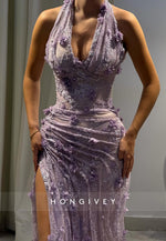 Halter Low V-Neck Column High Slit Floor-Length Evening Gowns with Appliques