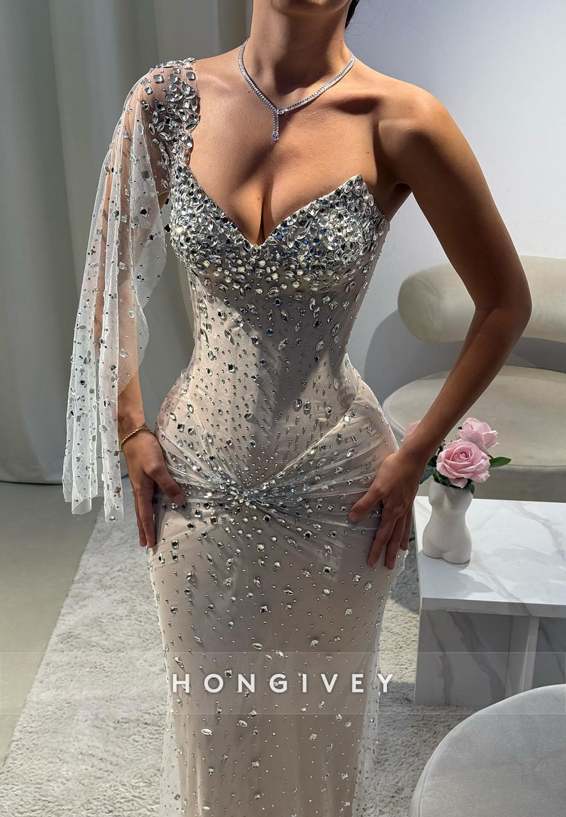 Sparkly One Shoulder Sheath Pleated Floor-Length Evening Gowns with Rhinestone