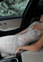 Sparkly One Shoulder Sheath Pleated Floor-Length Evening Gowns with Rhinestone